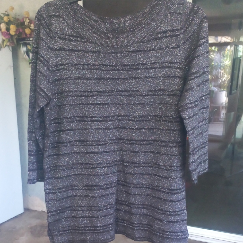 Worthington Black and Gray Crew Neck Sweater with Stripes